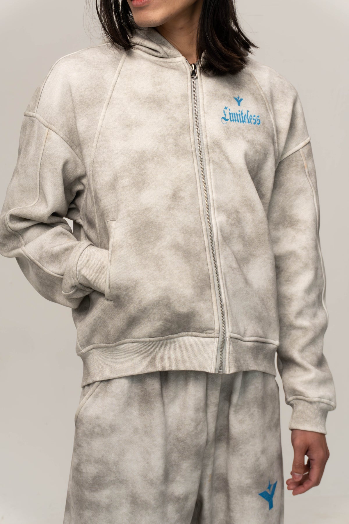 LIMITLESS” WASHED GREY ZIP HOODIE